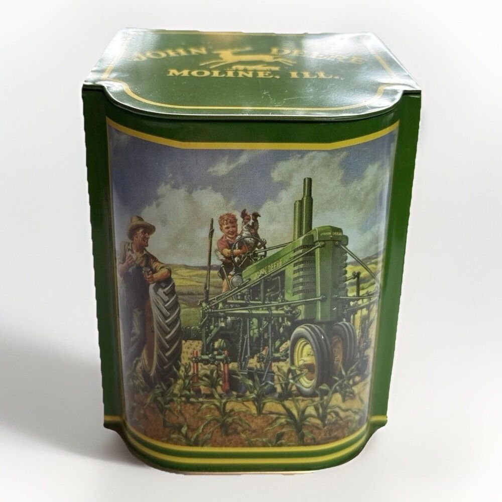 John Deere Hinged Strange Box Tractor Farm Scene Tin Metal Collectible